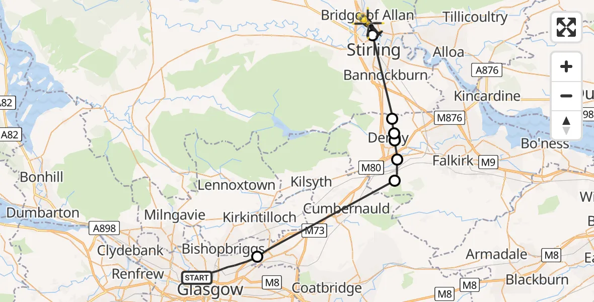 Flight path map showing Police Helicopter route from Glasgow to Cornton