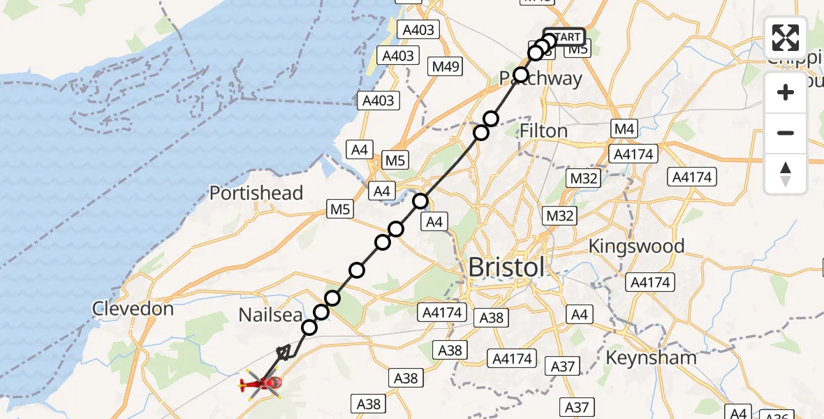 Flight path map showing Air Ambulance Helicopter route from Almondsbury Helicopter Base to Cleeve