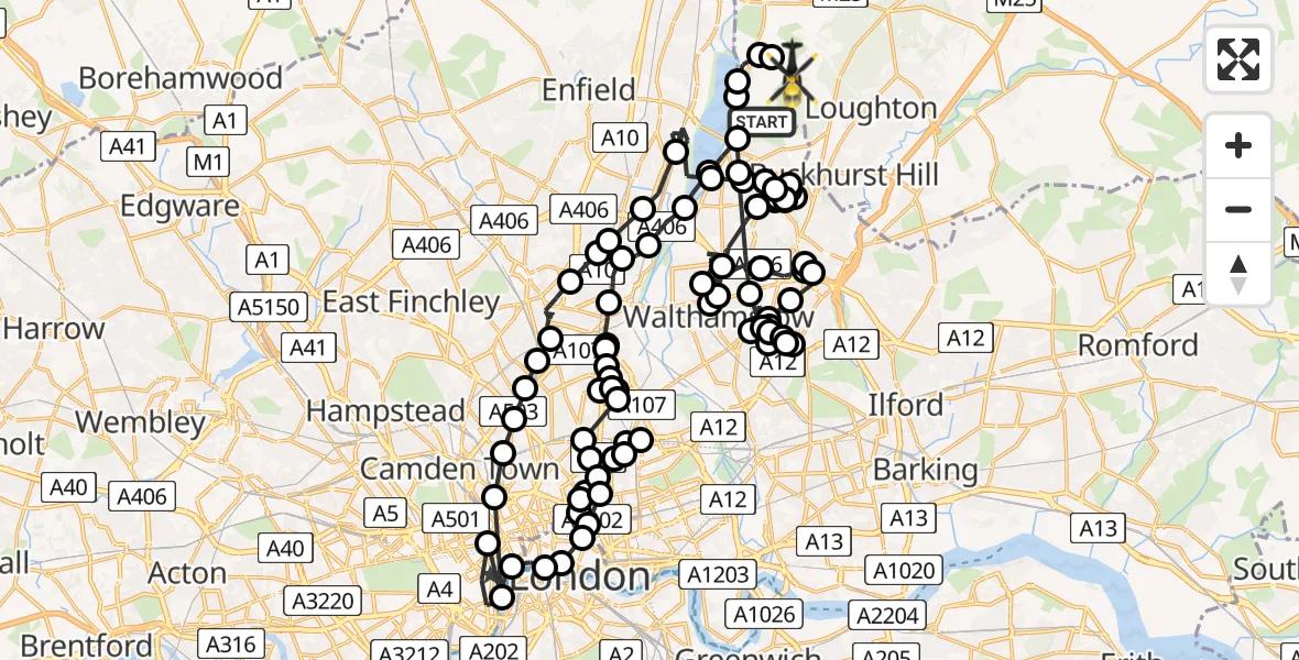 Flight path map showing Police Helicopter route from Sewardstonebury to Sewardstonebury