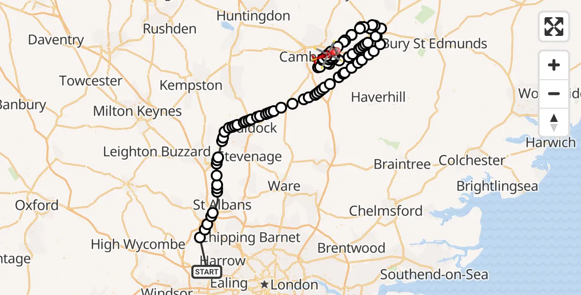 Flight path map showing Air Ambulance Helicopter route from RAF Northolt to Cambridge City Airport