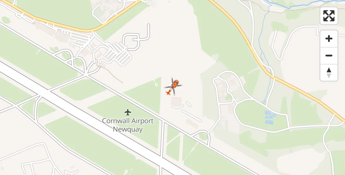 Flight path map showing Coastguard Helicopter route from Cornwall Airport Newquay to Cornwall Airport Newquay