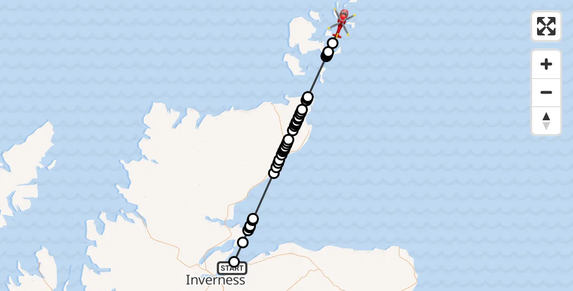 Flight path map showing Air Ambulance Helicopter route from Ardersier to North Atlantic Ocean