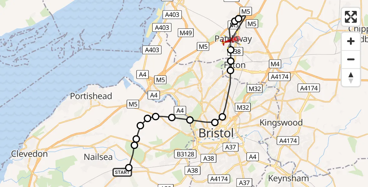Flight path map showing Air Ambulance Helicopter route from Backwell to Patchway