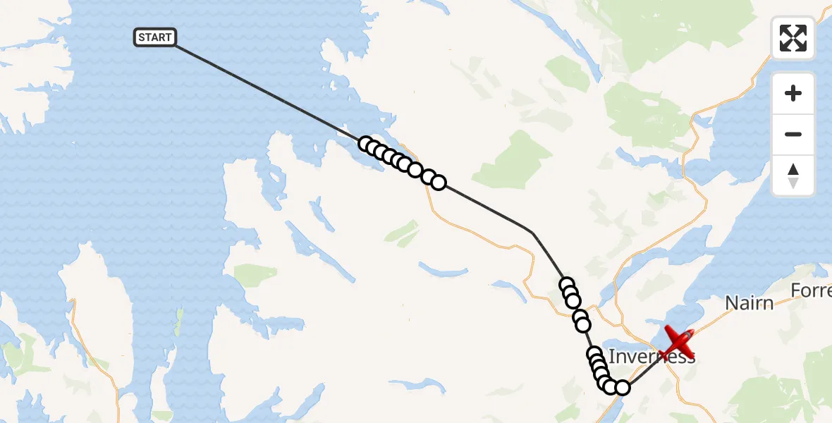 Flight path map showing Air Ambulance Aircraft route from Inner Seas to Inverness