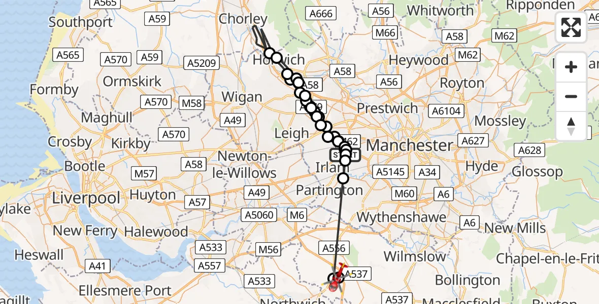 Flight path map showing Air Ambulance Helicopter route from Manchester Barton Aerodrome to Tabley Inferior