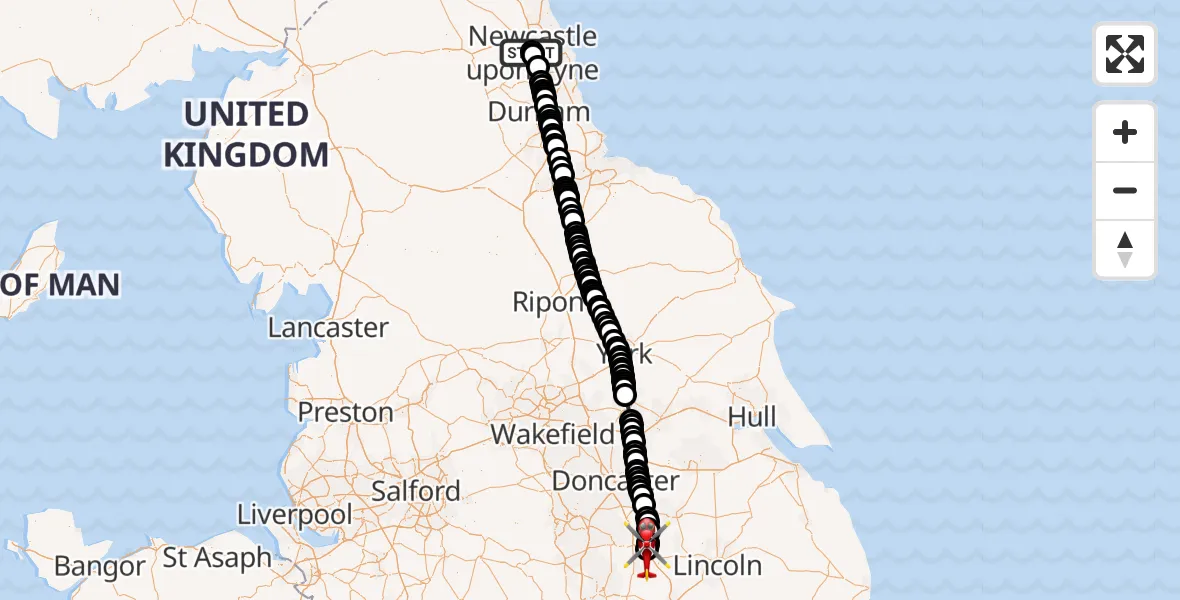 Flight path map showing Air Ambulance Helicopter route from Newcastle Royal Victoria Infirmary to Retford Gamston Airport