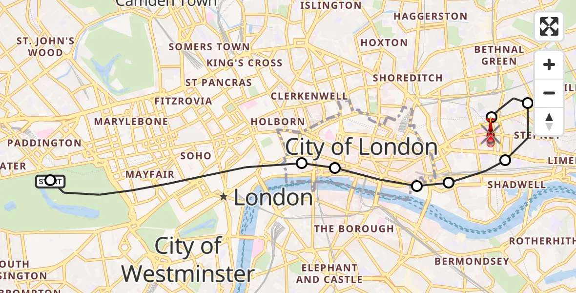 Flight path map showing Air Ambulance Helicopter route from City of Westminster to Royal London Hospital