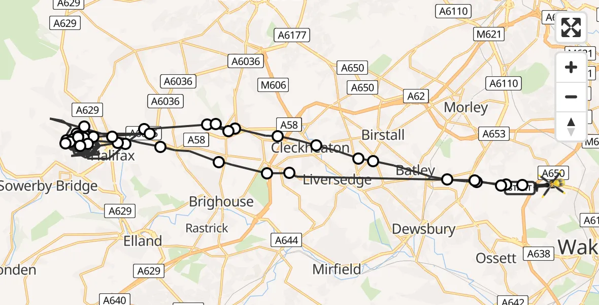 Flight path map showing Police Helicopter route from Woodkirk to East Ardsley