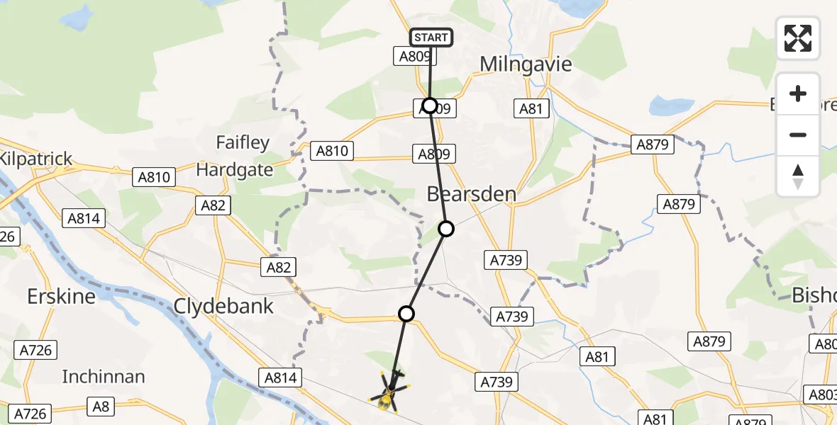 Flight path map showing Police Helicopter route from Milngavie to Glasgow
