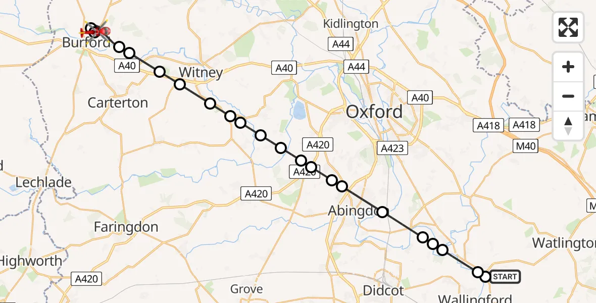 Flight path map showing Air Ambulance Helicopter route from RAF Benson to Swinbrook