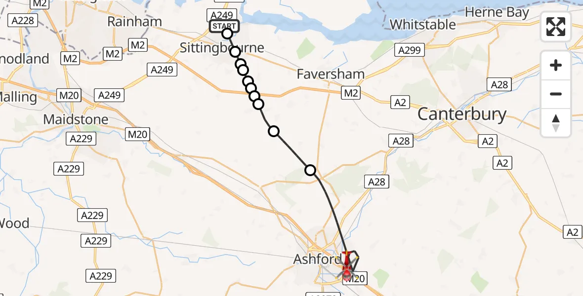 Flight path map showing Air Ambulance Helicopter route from Kemsley to Ashford