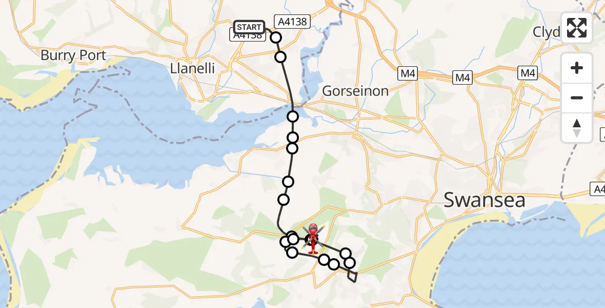 Flight path map showing Air Ambulance Helicopter route from Dafen to Swansea Airport