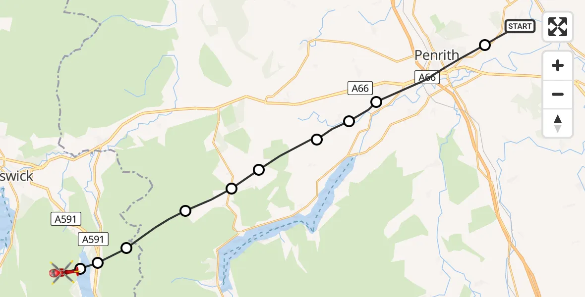 Flight path map showing Air Ambulance Helicopter route from Edenhall to St. John's Castlerigg and Wythburn