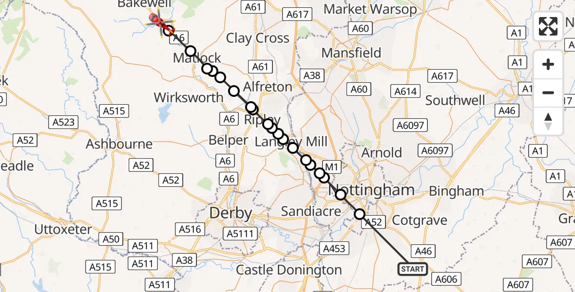 Flight path map showing Air Ambulance Helicopter route from Widmerpool to Stanton-in-Peak
