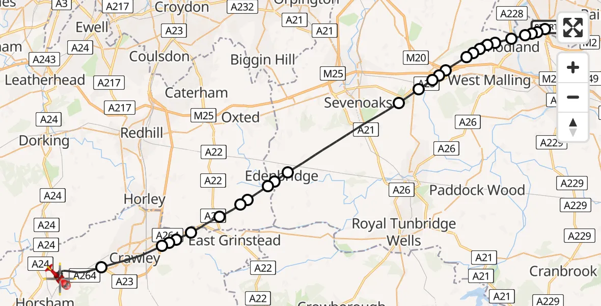 Flight path map showing Air Ambulance Helicopter route from Rochester Airport to Horsham