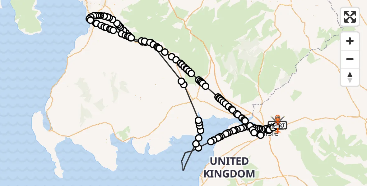Flight path map showing Coastguard Helicopter route from Carlisle Lake District Airport to Carlisle Lake District Airport