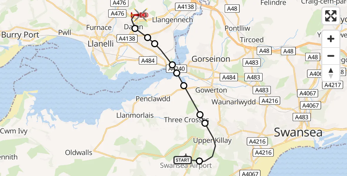 Flight path map showing Air Ambulance Helicopter route from Swansea Airport to Dafen