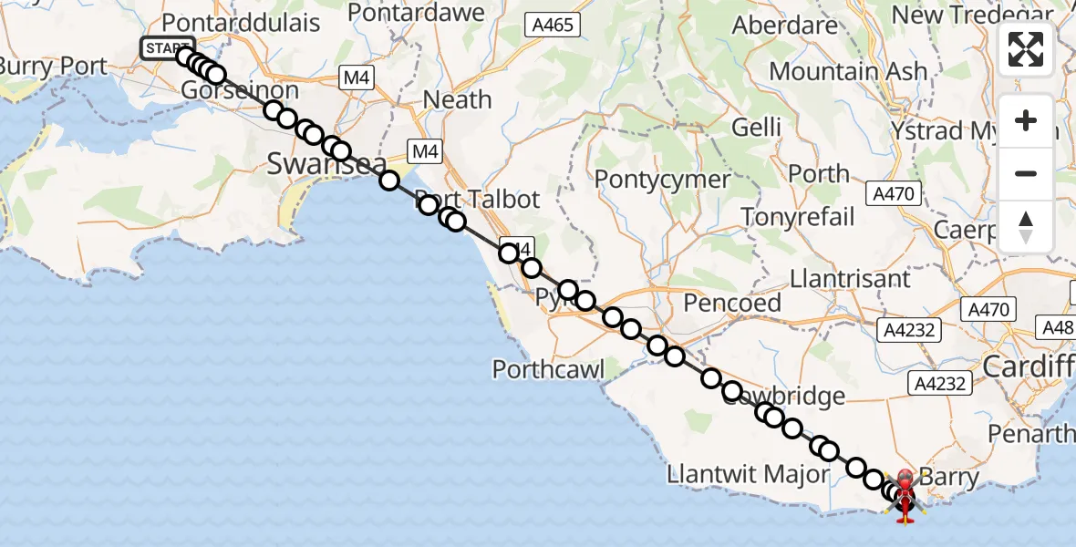 Flight path map showing Air Ambulance Helicopter route from Dafen to Rhoose