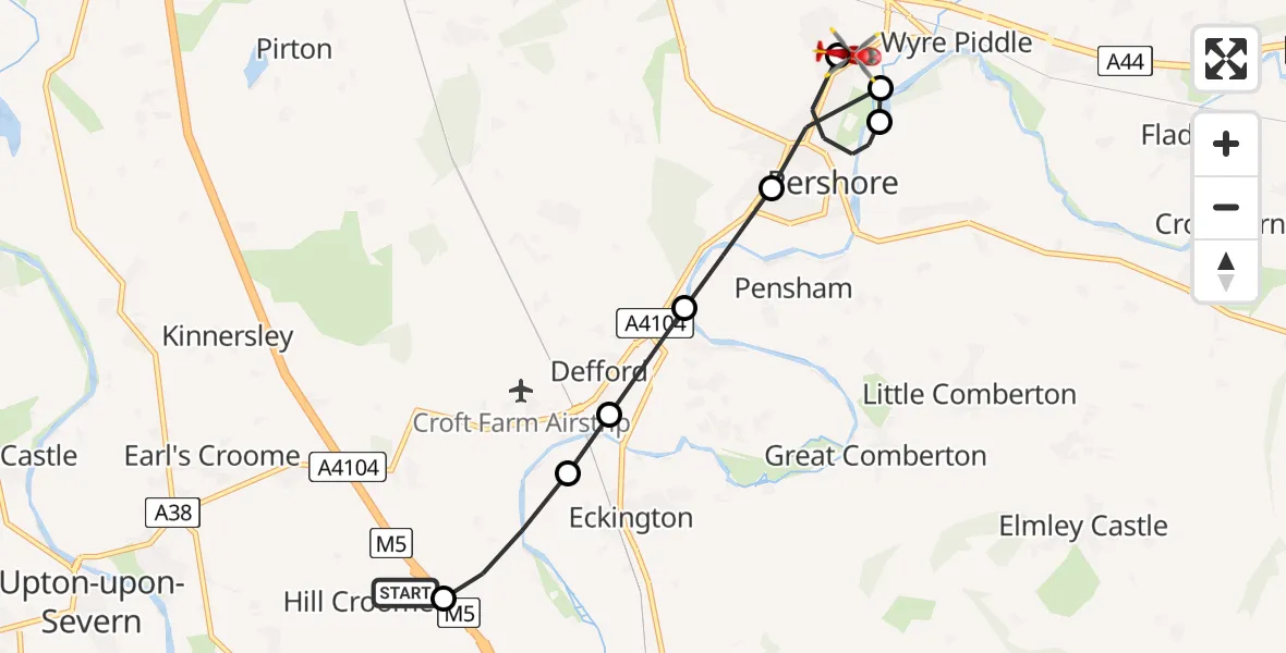 Flight path map showing Air Ambulance Helicopter route from Hill Croome to Wyre Piddle