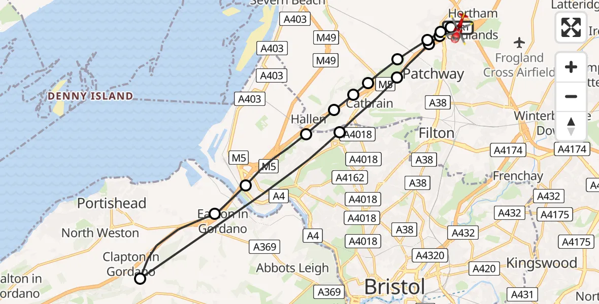 Flight path map showing Air Ambulance Helicopter route from Almondsbury Helicopter Base to Almondsbury Helicopter Base