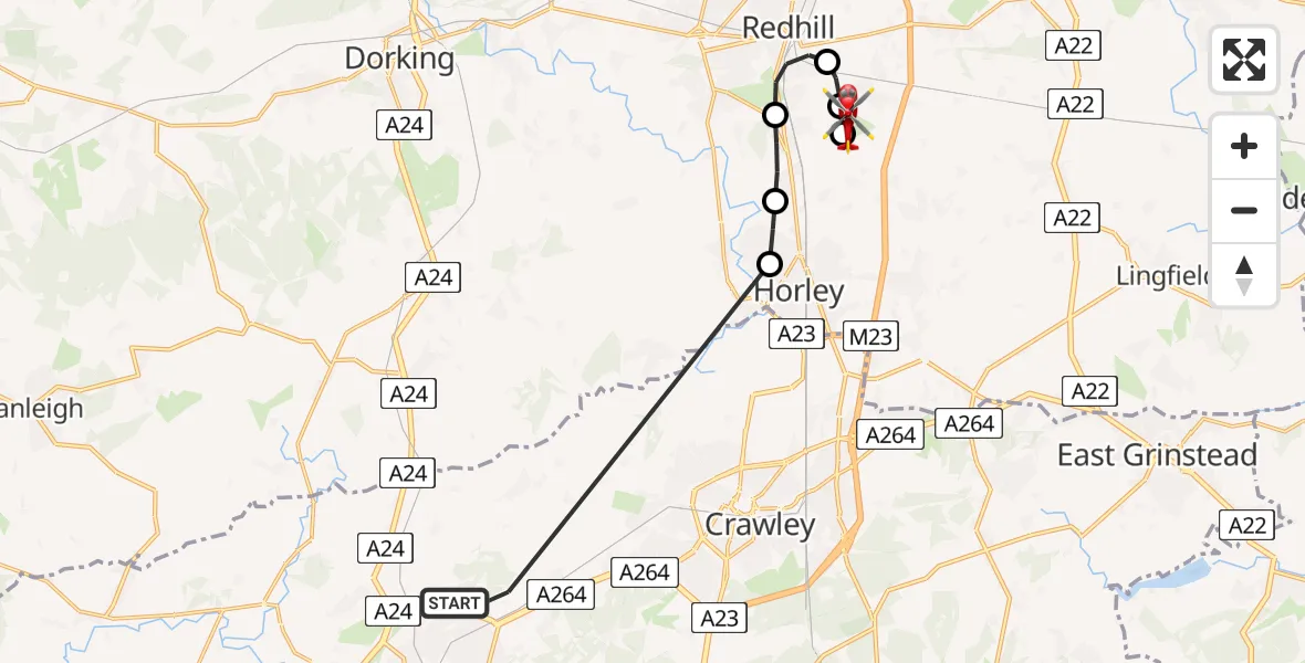 Flight path map showing Air Ambulance Helicopter route from Horsham to Redhill Aerodrome