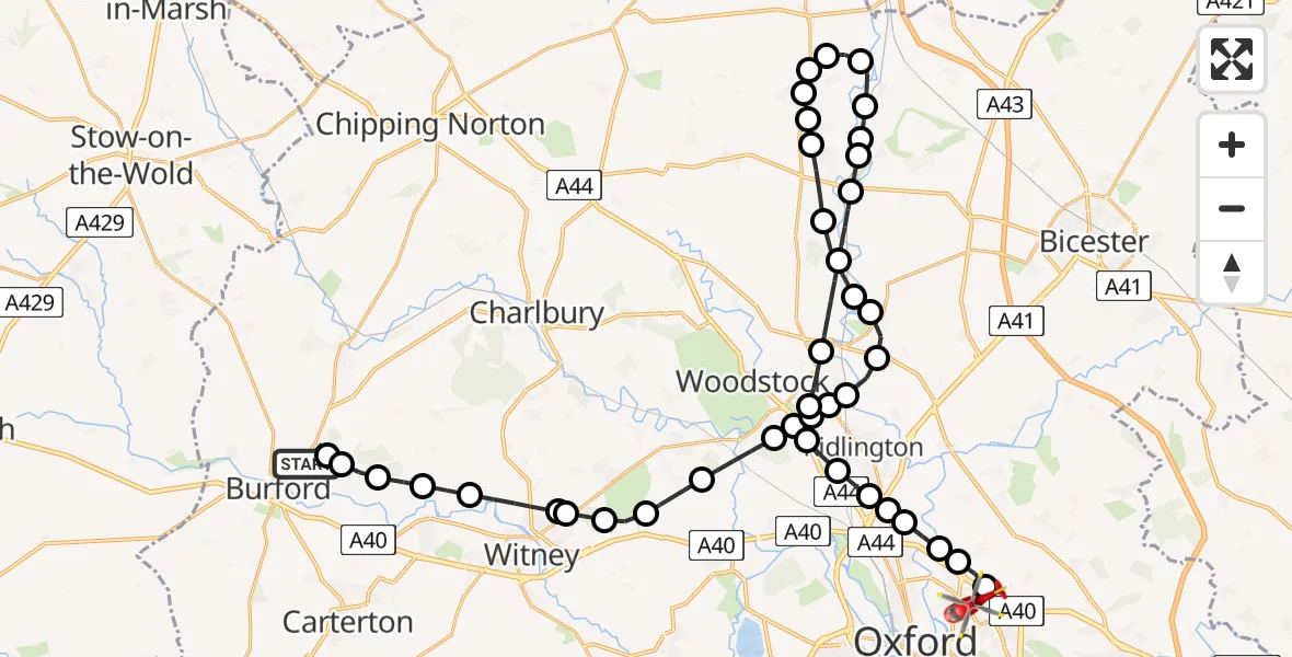 Flight path map showing Air Ambulance Helicopter route from Fulbrook to Oxford