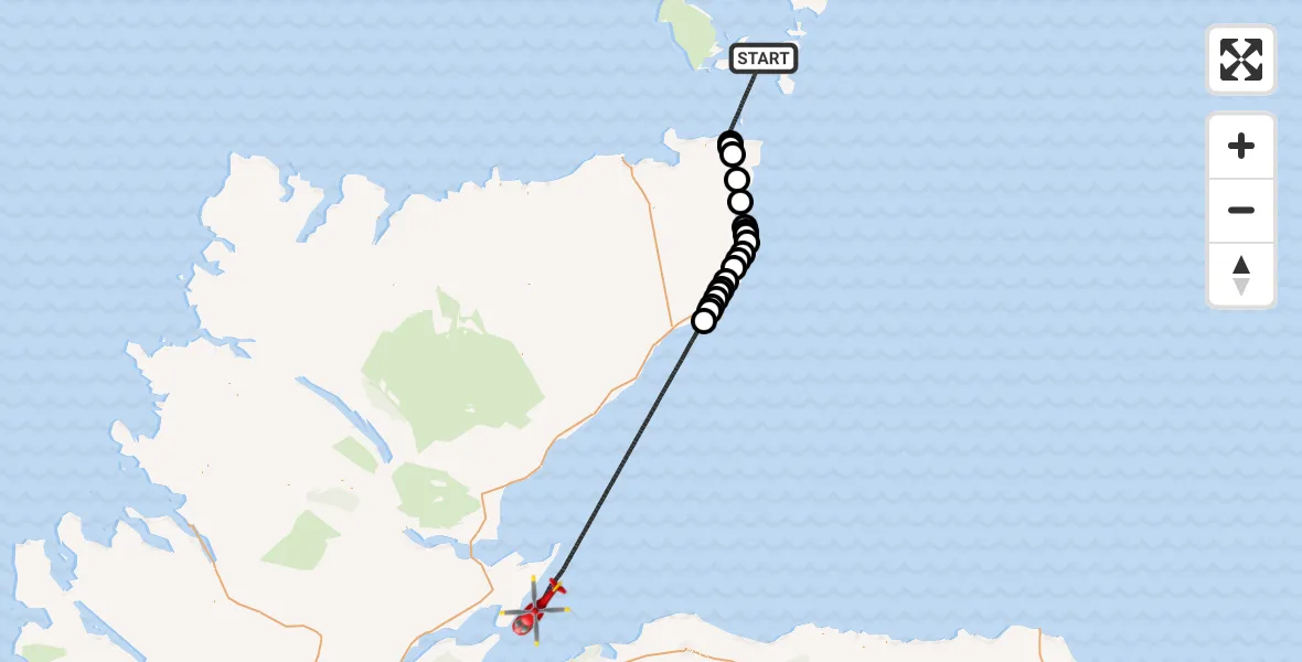 Flight path map showing Air Ambulance Helicopter route from North Atlantic Ocean to North Sea