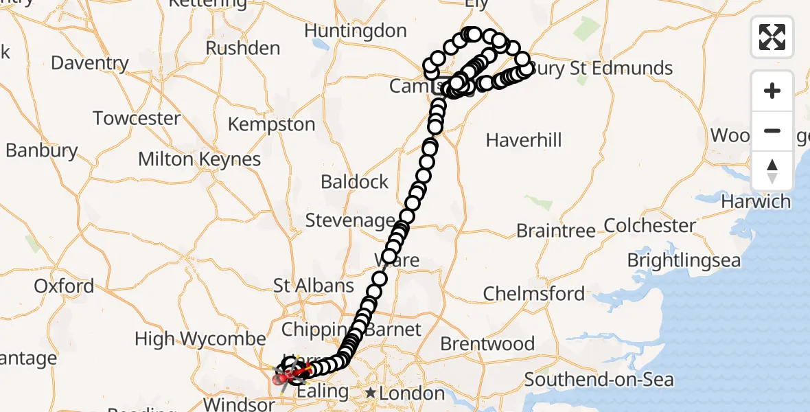 Flight path map showing Air Ambulance Helicopter route from Cambridge City Airport to RAF Northolt