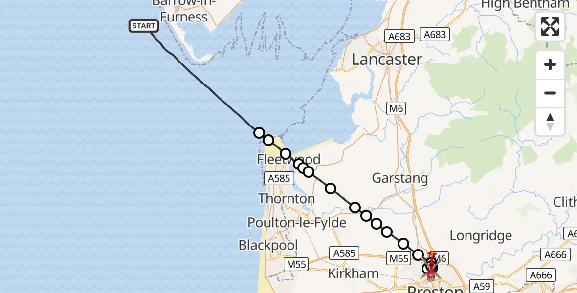Flight path map showing Air Ambulance Helicopter route from Irish Sea to Royal Preston