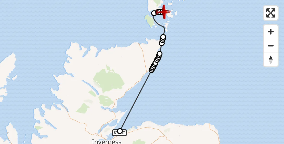 Flight path map showing Air Ambulance Aircraft route from Delnies to Kirkwall