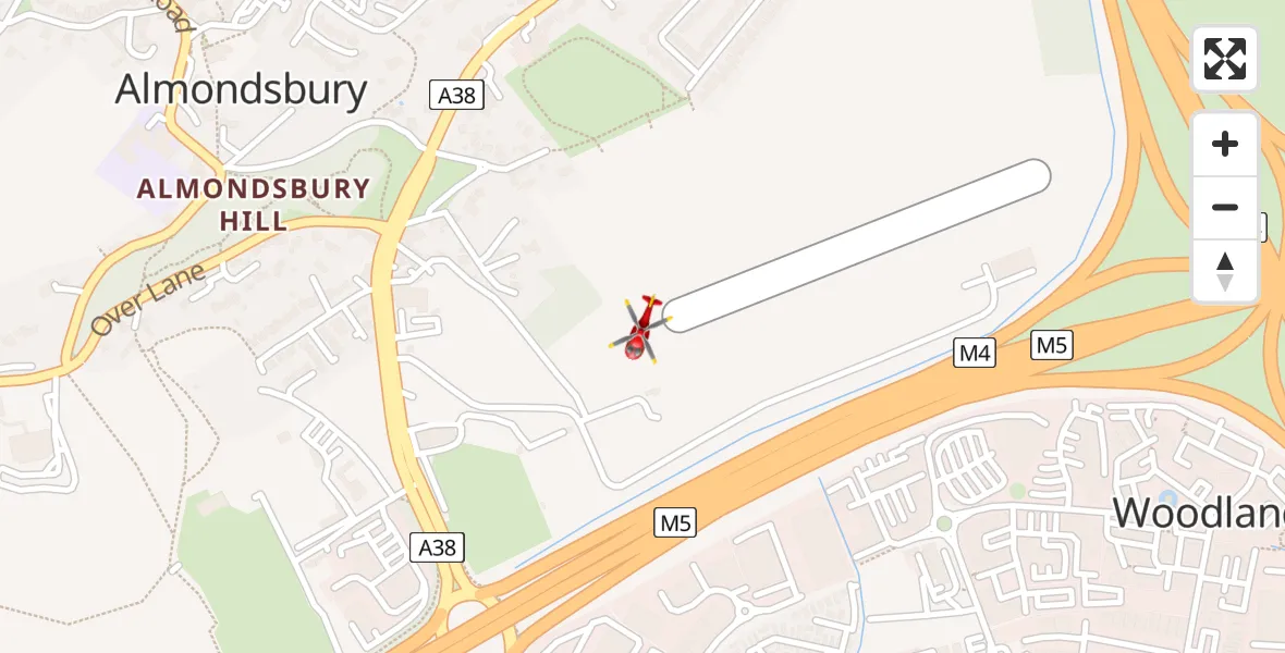Flight path map showing Air Ambulance Helicopter route from Almondsbury Helicopter Base to Almondsbury Helicopter Base