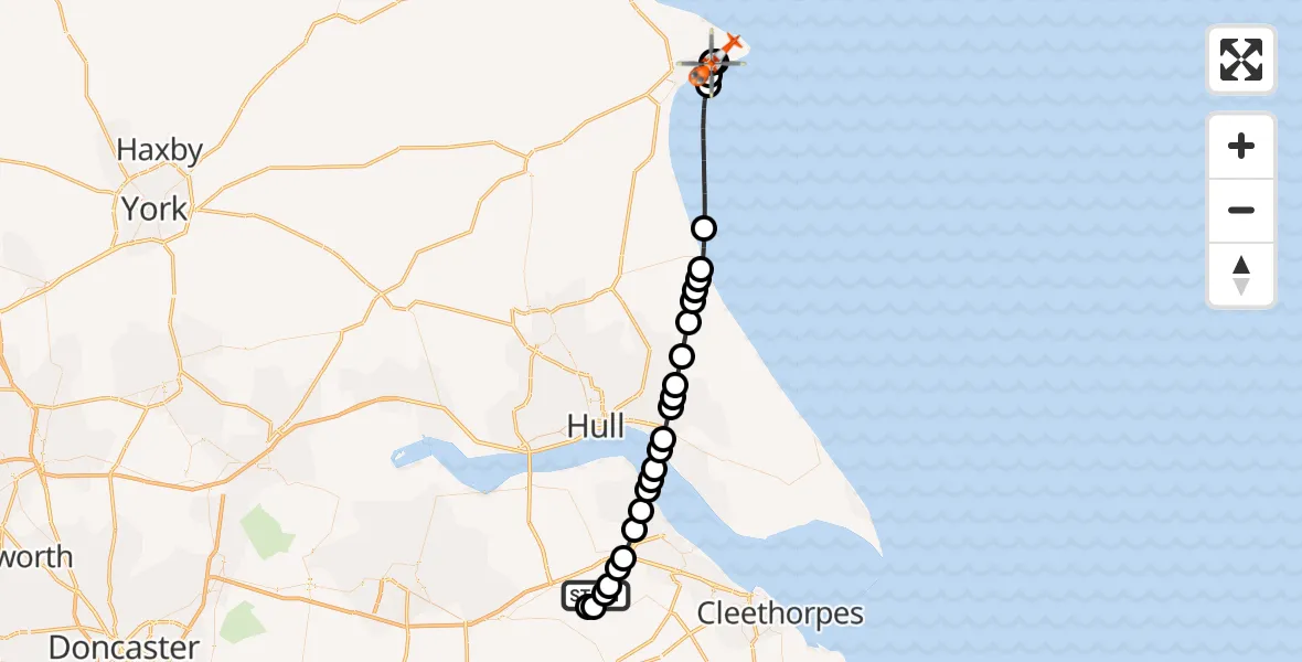 Flight path map showing Coastguard Helicopter route from Humberside Airport to Bridlington