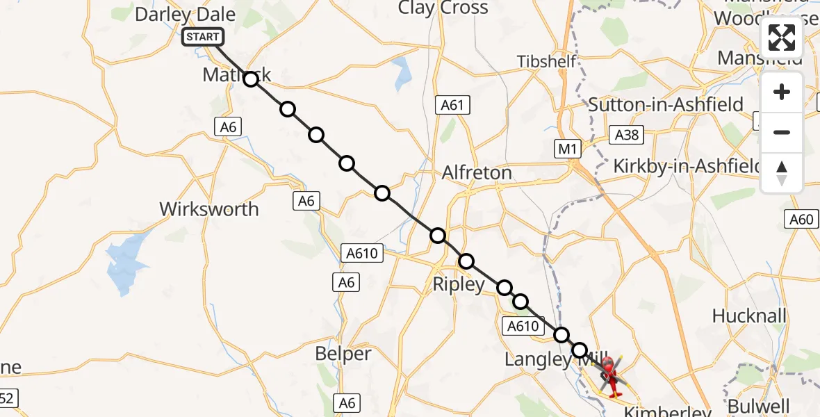 Flight path map showing Air Ambulance Helicopter route from Darley Dale to Eastwood