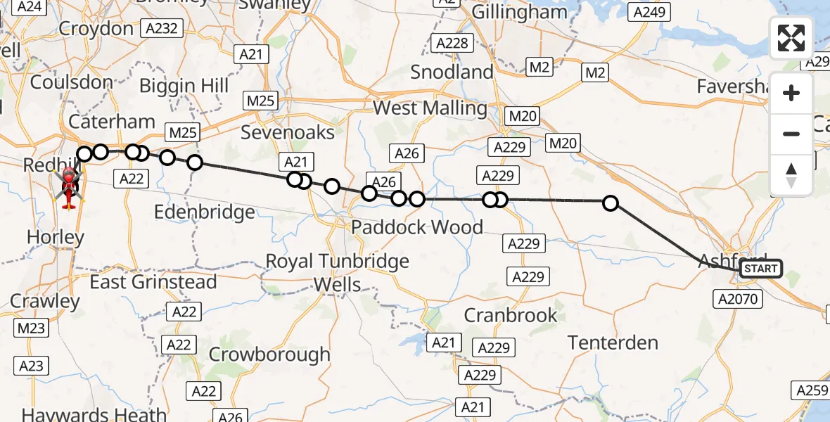 Flight path map showing Air Ambulance Helicopter route from Ashford to Redhill Aerodrome