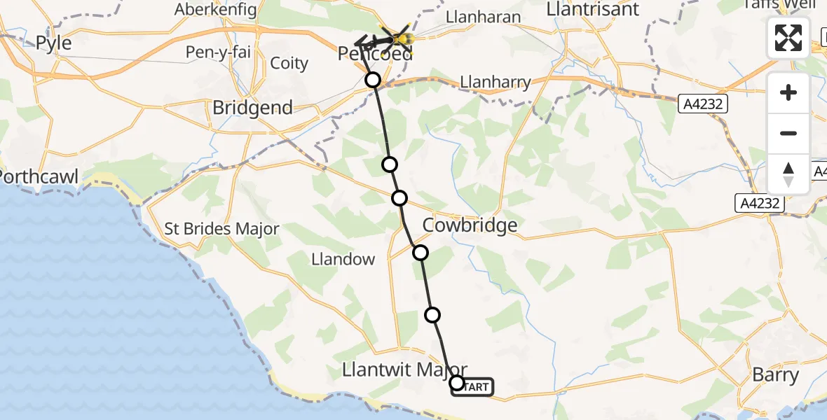 Flight path map showing Police Helicopter route from MOD St Athan to Pencoed