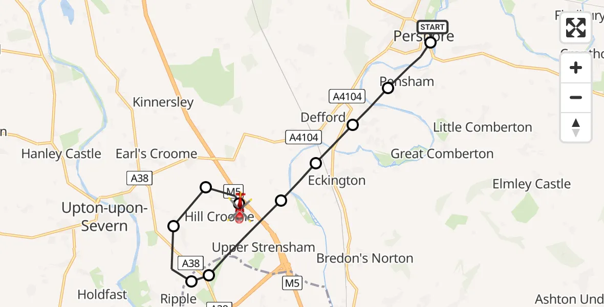 Flight path map showing Air Ambulance Helicopter route from Pershore to Upper Strensham