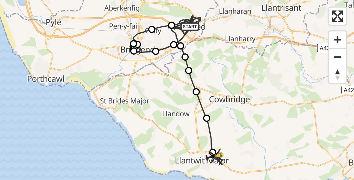 Flight path map showing Police Helicopter route from Pencoed to Boverton
