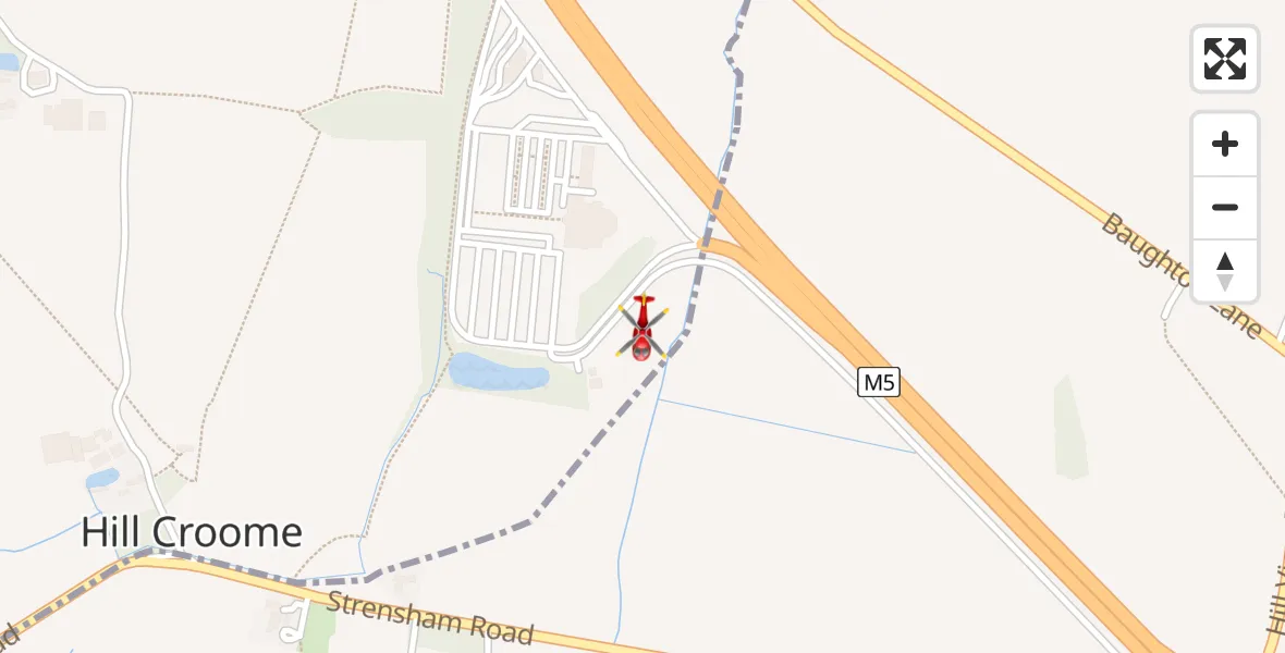 Flight path map showing Air Ambulance Helicopter route from Hill Croome to Hill Croome