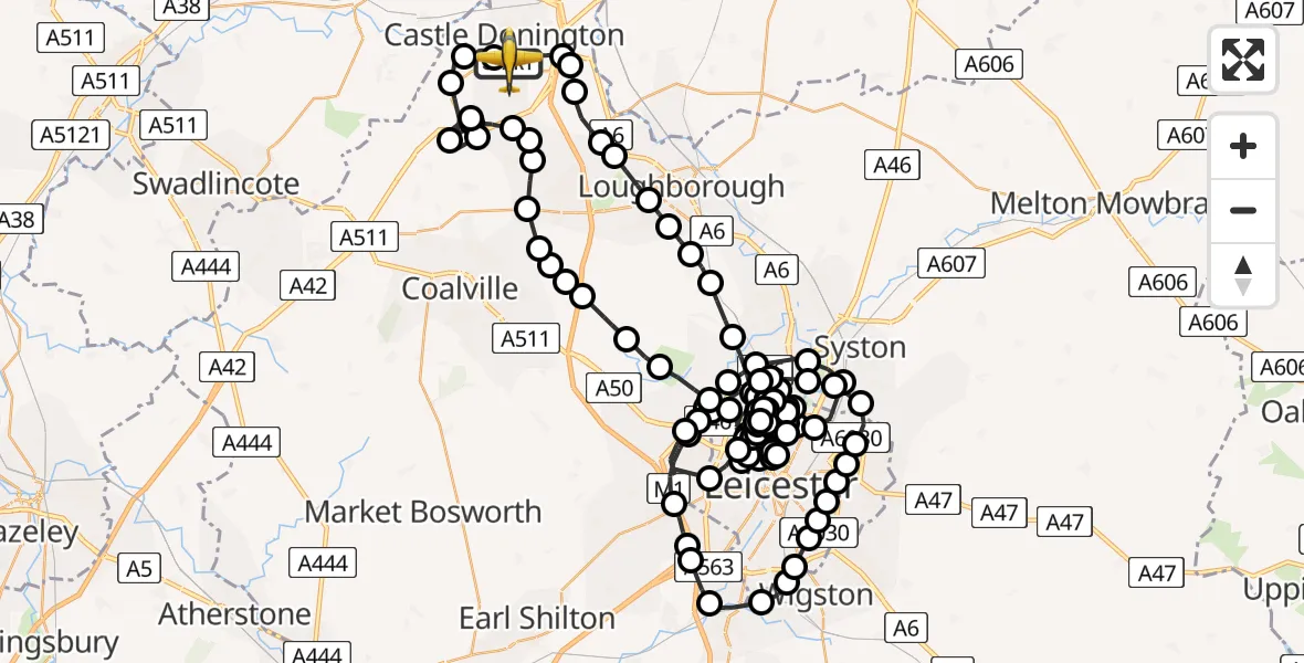 Flight path map showing Police Aircraft route from East Midlands Airport to East Midlands Airport