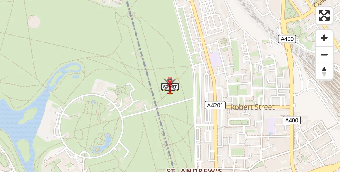Flight path map showing Air Ambulance Helicopter route from Fitzrovia to City of Westminster