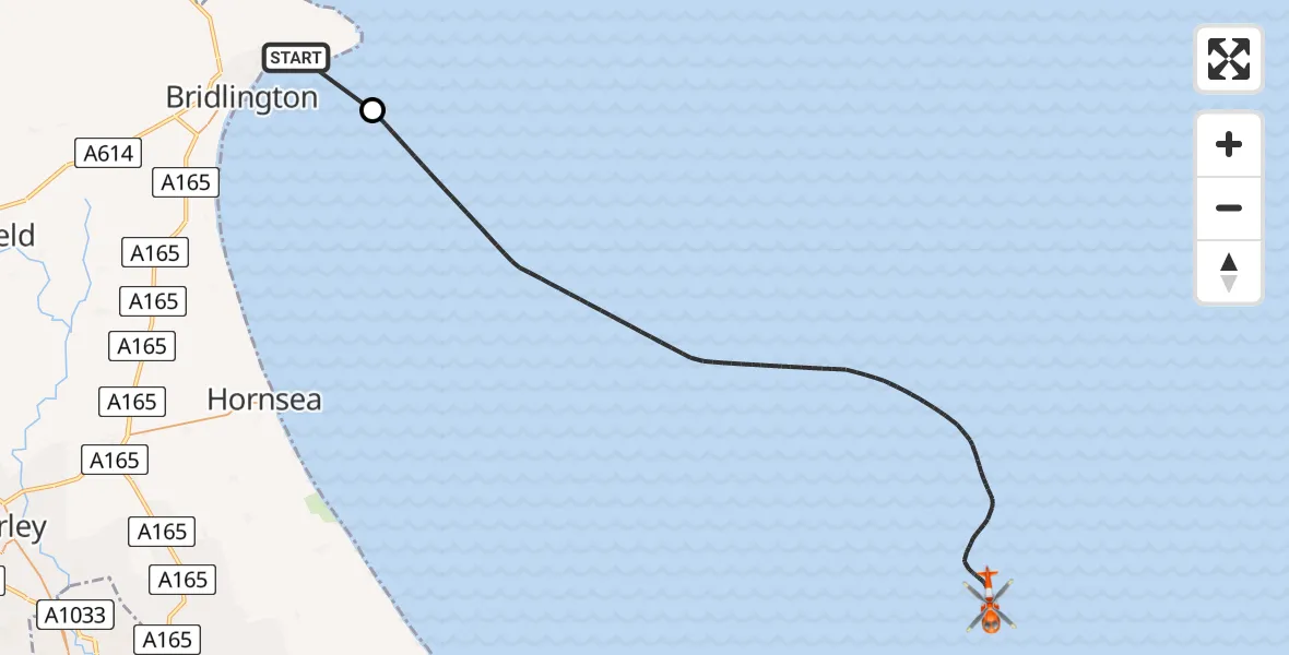 Flight path map showing Coastguard Helicopter route from Bridlington to North Sea