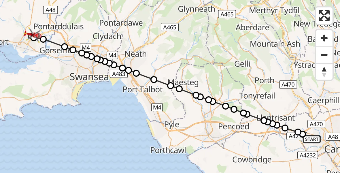 Flight path map showing Air Ambulance Helicopter route from St Fagans to Dafen