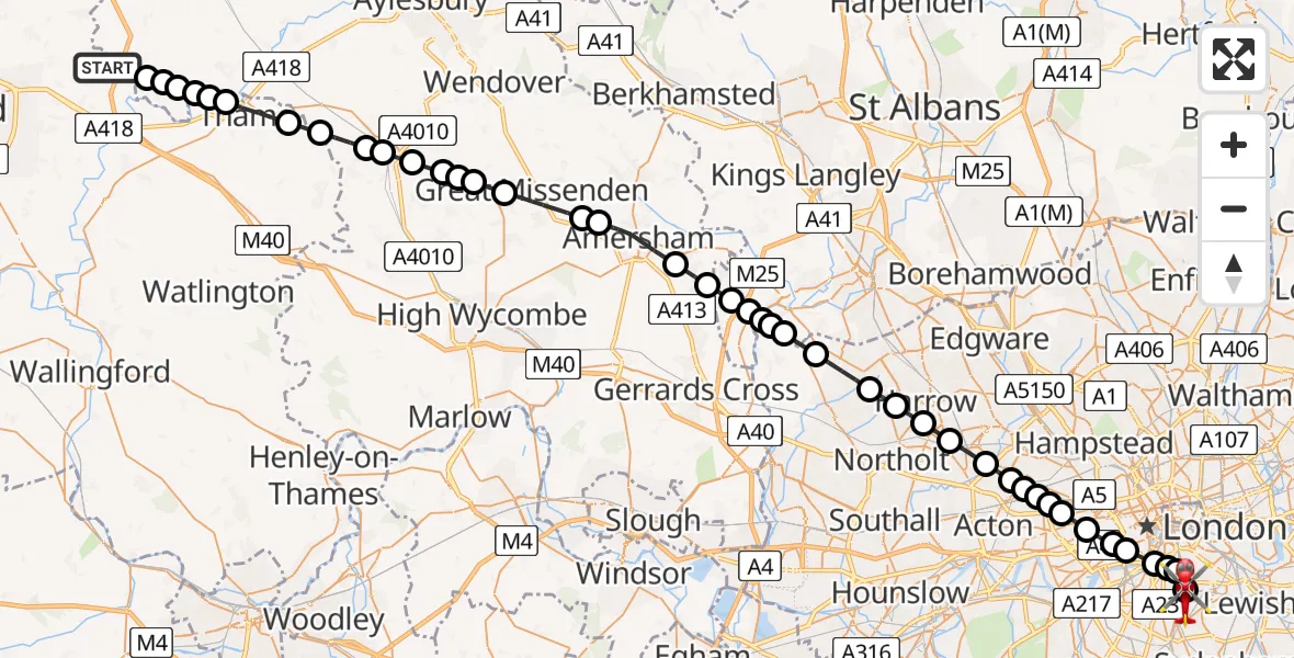 Flight path map showing Air Ambulance Helicopter route from South Oxfordshire to Kings College London Hospital