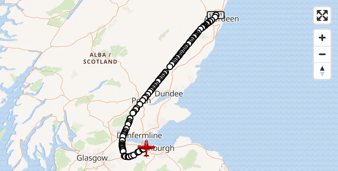 Flight path map showing Air Ambulance Aircraft route from Aberdeen International Airport to Edinburgh Airport