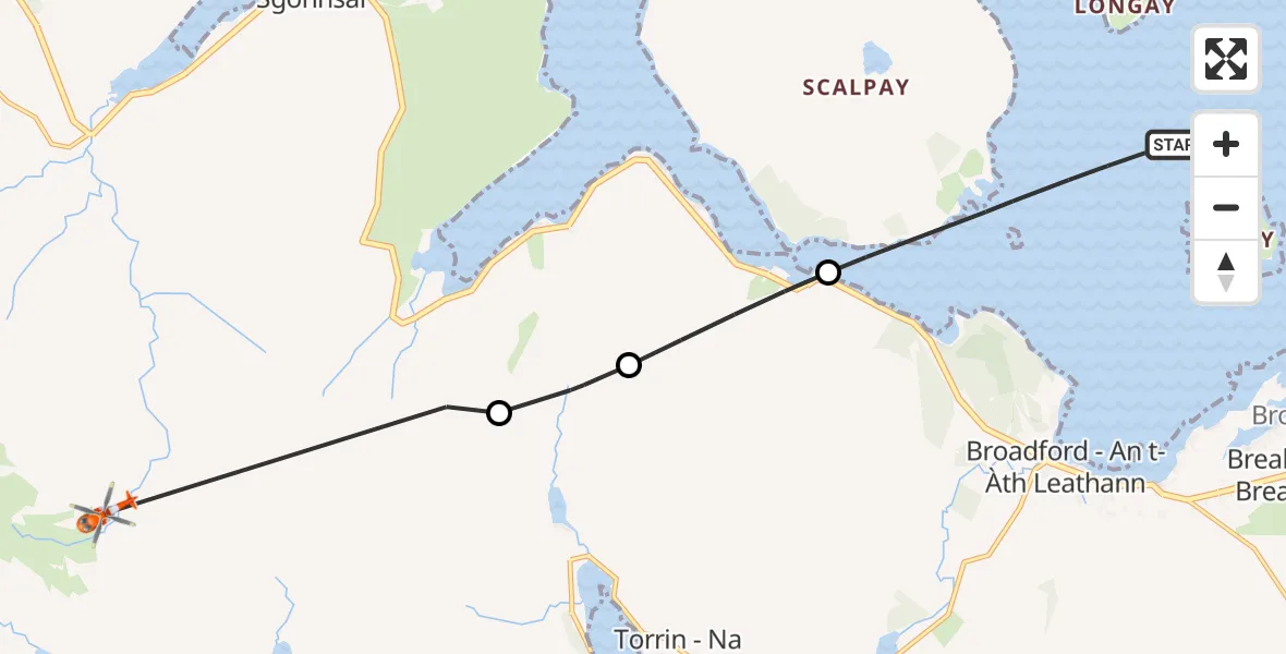 Flight path map showing Coastguard Helicopter route from Inner Seas to Bloody Stone