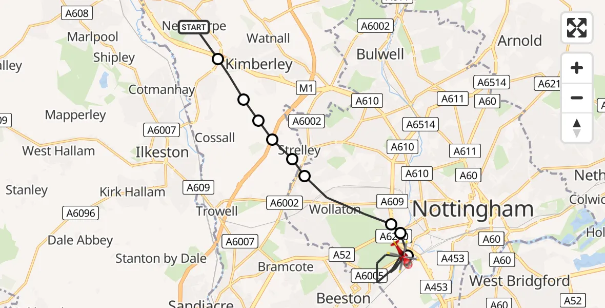 Flight path map showing Air Ambulance Helicopter route from Eastwood to City of Nottingham