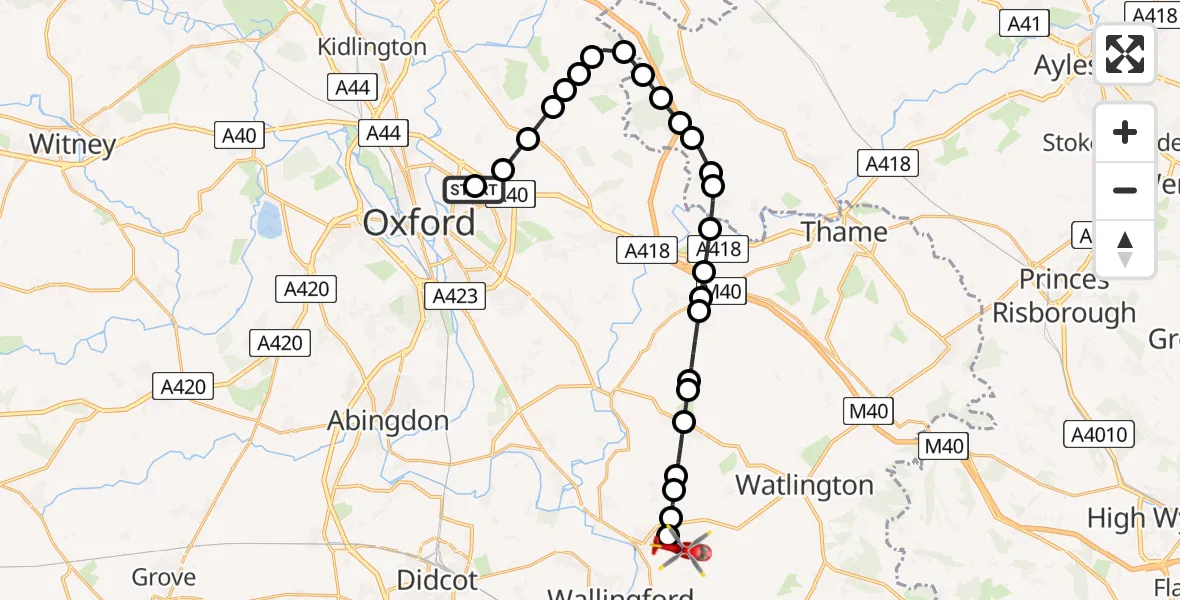 Flight path map showing Air Ambulance Helicopter route from John Radcliffe Hospital to RAF Benson