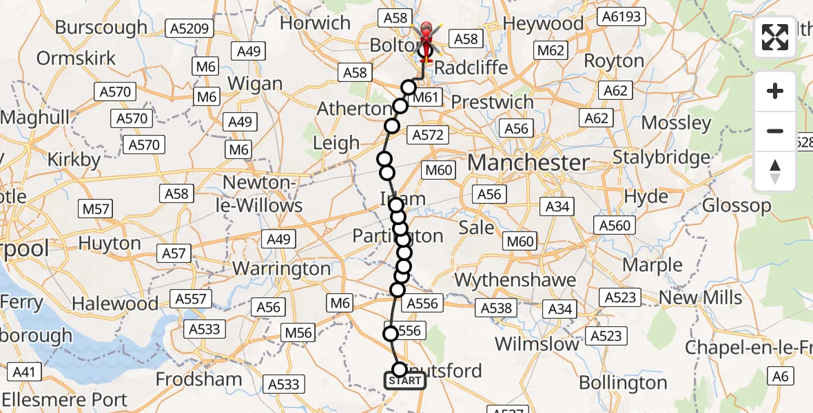 Flight path map showing Air Ambulance Helicopter route from Tabley Inferior to Bolton
