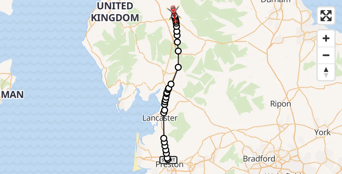 Flight path map showing Air Ambulance Helicopter route from Royal Preston to Langwathby