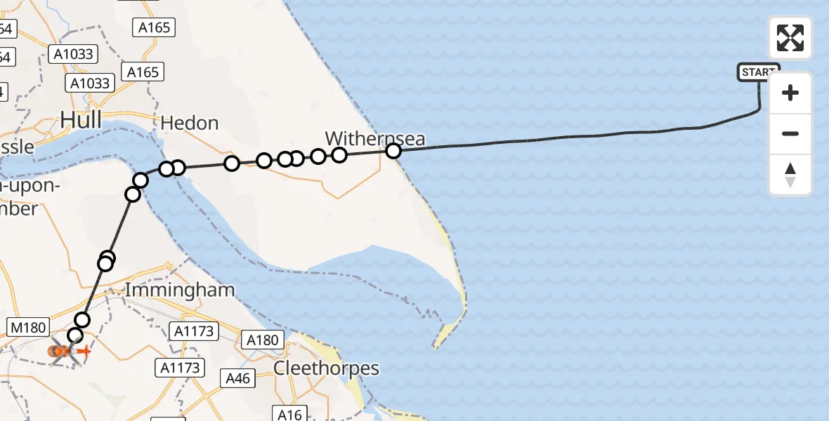 Flight path map showing Coastguard Helicopter route from North Sea to Humberside Airport
